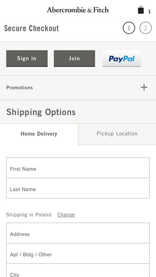 Abercrombie.com optimized checkout example: there is 